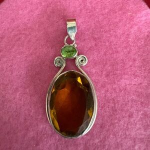 Amber Quartz with Peridot Large Silver Pendant EC